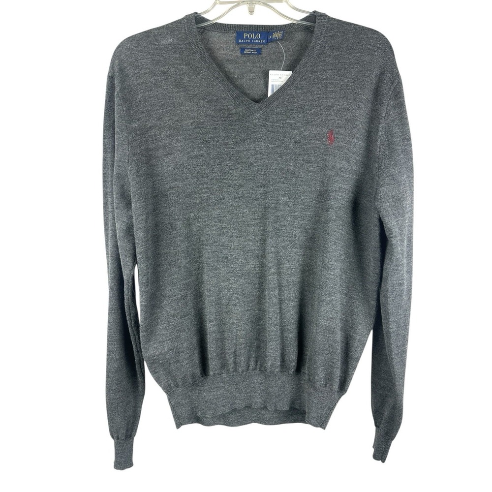 Brand New Polo Ralph Lauren Washable Merino Wool Grey V Neck Sweater Size Large
